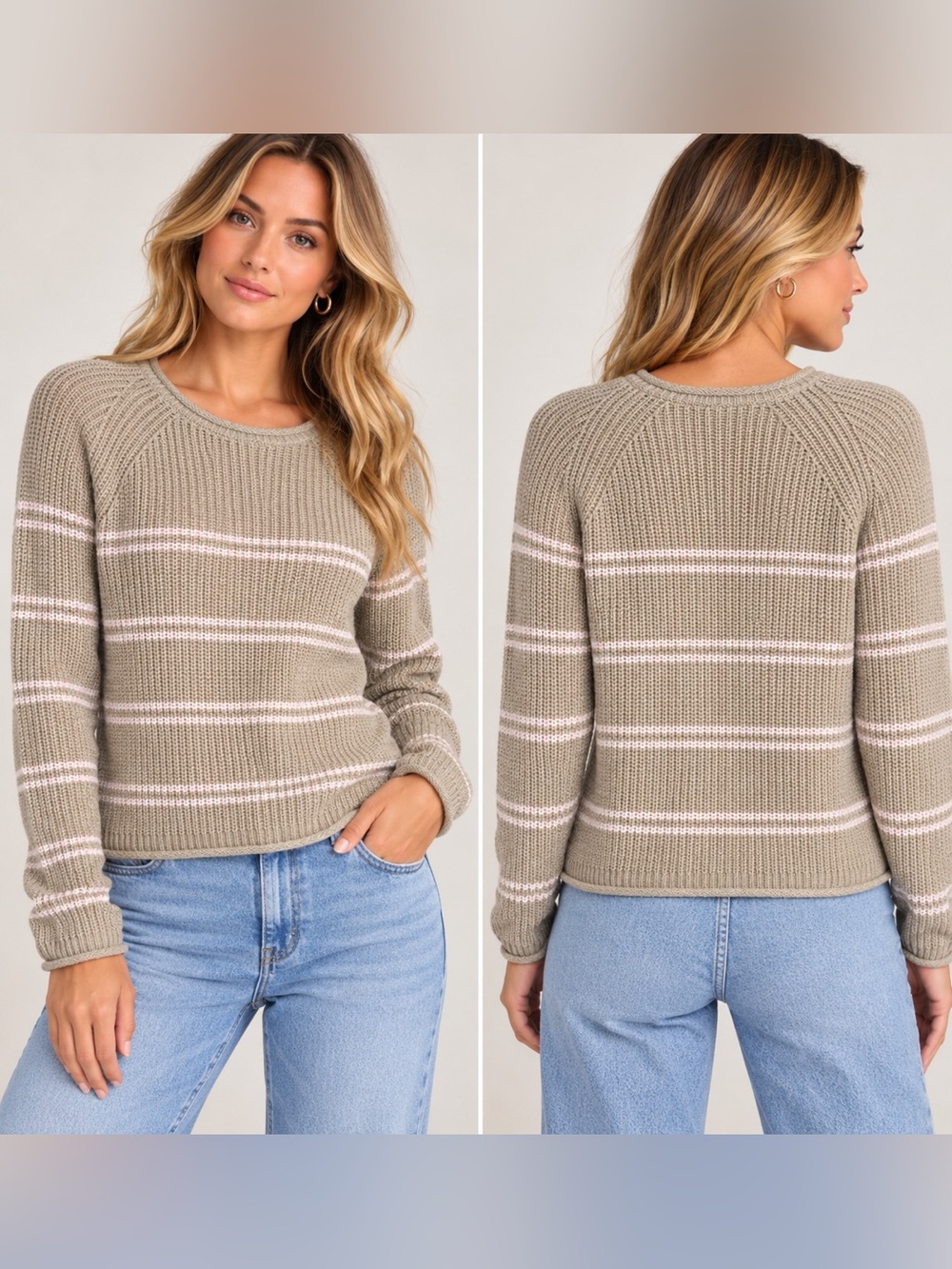 A New Day Women’s Striped Crewneck Knit Sweater Beige Pink Size Small NWT